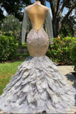 Suzhoufashion Fabulous Grey Sequined Beading Feather Mermaid Long Sleeves Tulle Prom Dresses