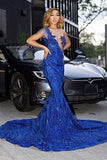 Fabulous Royal Blue Jewel Long Lace Mermaid Prom Dresses