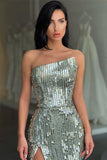 Suzhoufashion Fashion Silver Sequin Asymmetric neckline High split Evening Prom Dresses