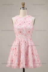 Suzhoufashion Floral Beaded Pink A Line Round Neck Short Homecoming Dress