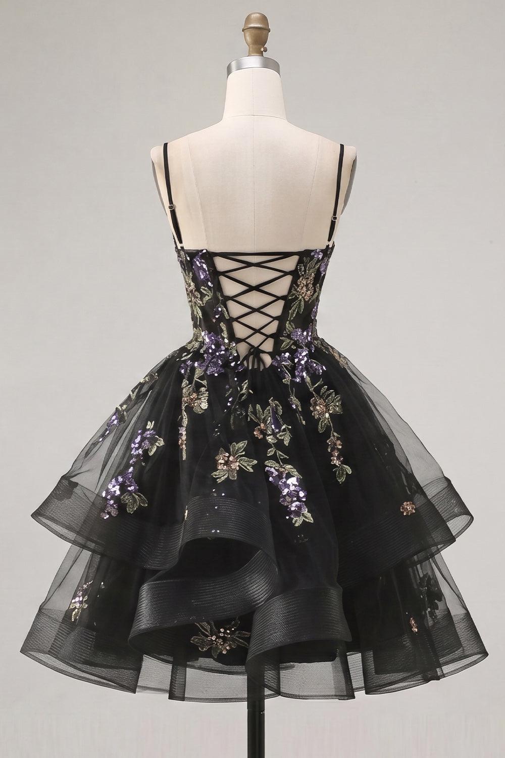 Suzhoufashion Floral Black A-Line Ruffled Short Corset Homecoming Dress