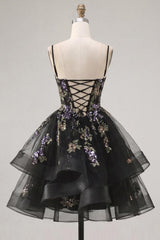 Suzhoufashion Floral Black A-Line Ruffled Short Corset Homecoming Dress