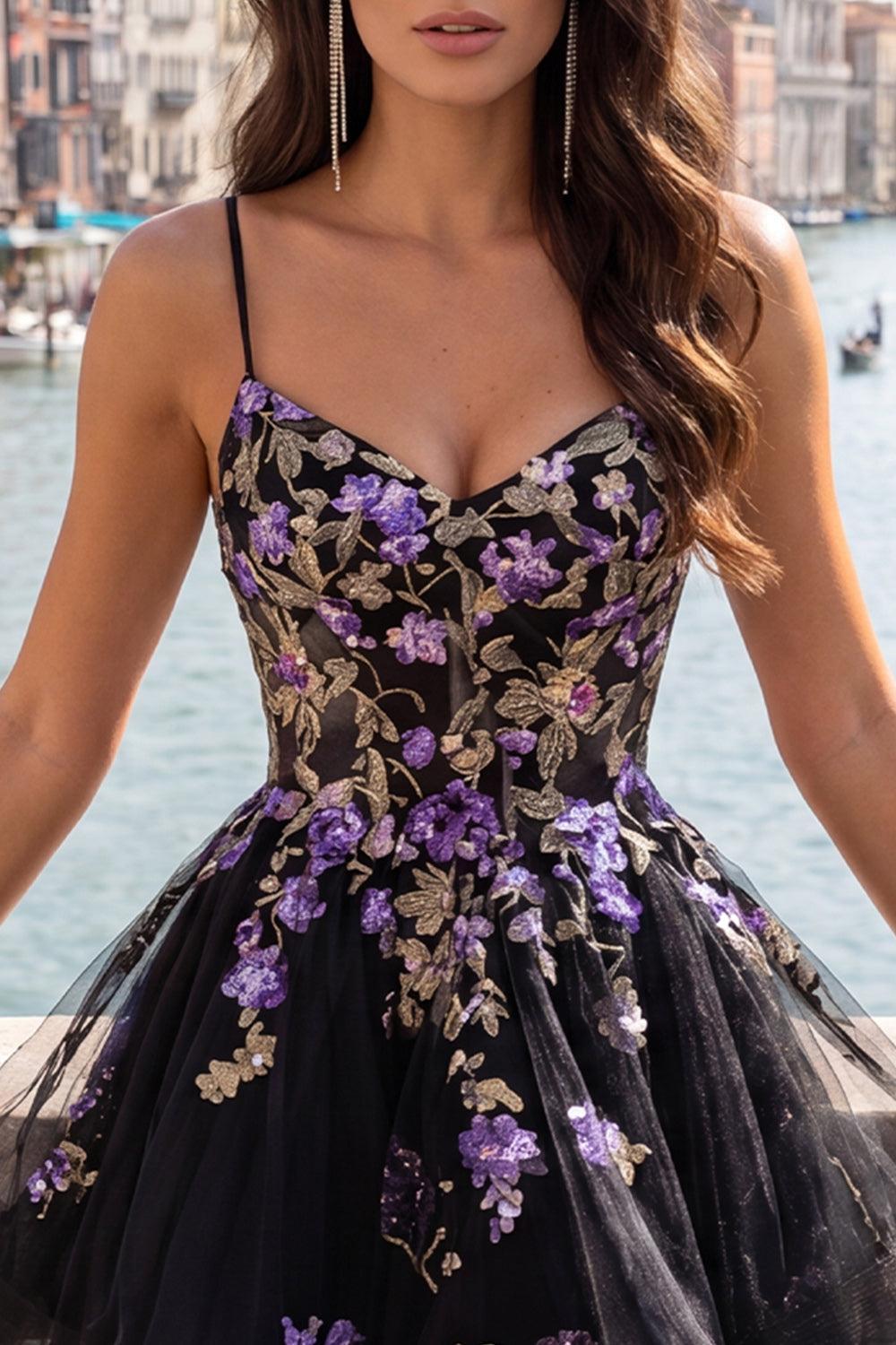 Suzhoufashion Floral Black A-Line Ruffled Short Corset Homecoming Dress