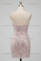 Suzhoufashion Floral Blush Corset Tight Ruched Sequins Short Homecoming Dress