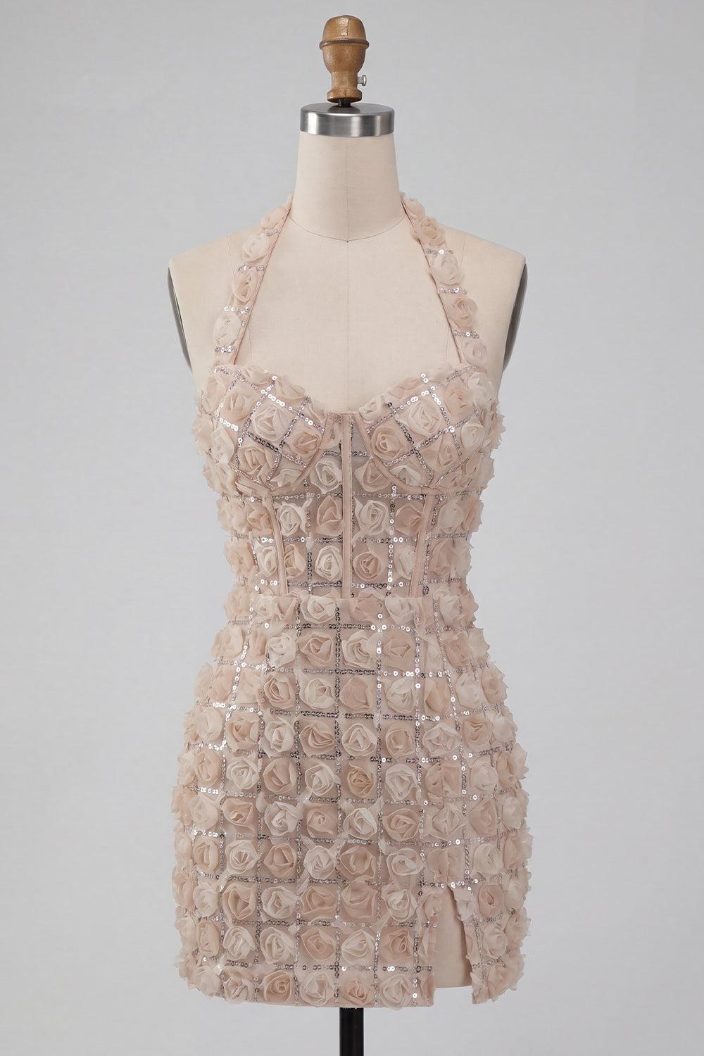 Suzhoufashion Floral Champagne Sequin Tight Short Corset Homecoming Dress