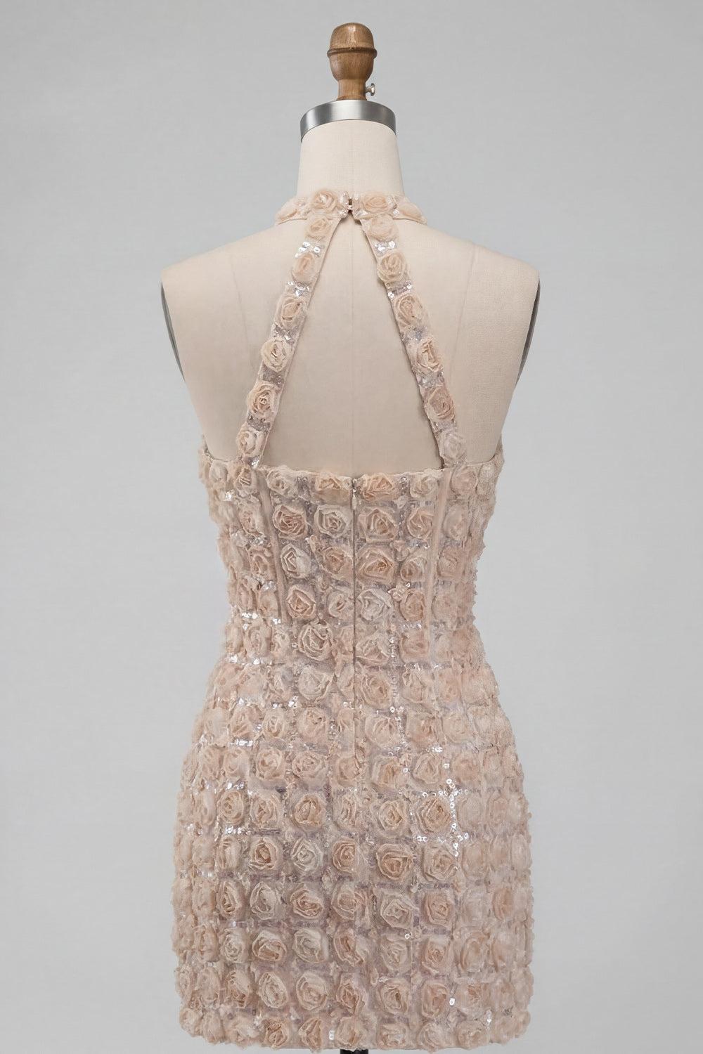 Suzhoufashion Floral Champagne Sequin Tight Short Corset Homecoming Dress