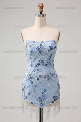 Suzhoufashion Floral Dusty Blue Tight Sequins Short Homecoming Dress with Fringes