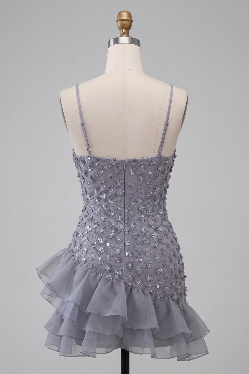 Suzhoufashion Floral Dusty Lavender Sequin Tight Short Homecoming Dress with Ruffles