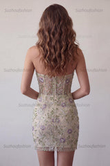 Suzhoufashion Floral Dusty Sage Beaded Tight Short Corset Homecoming Dress