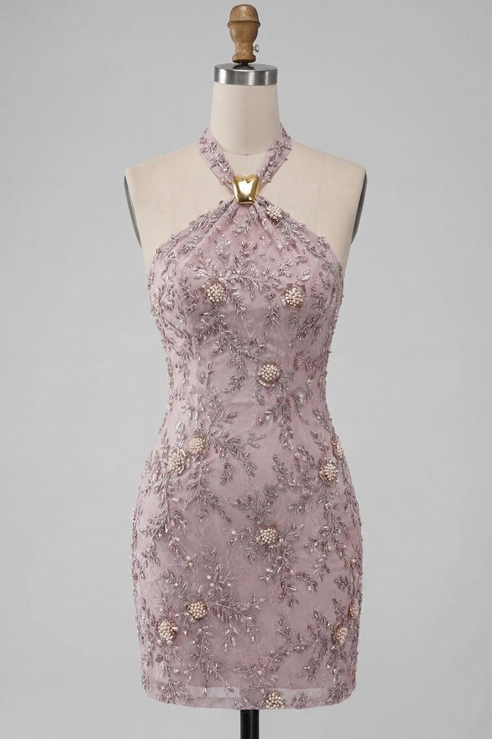 Suzhoufashion Floral Halter Fog Tight Short Beaded Homecoming Dress