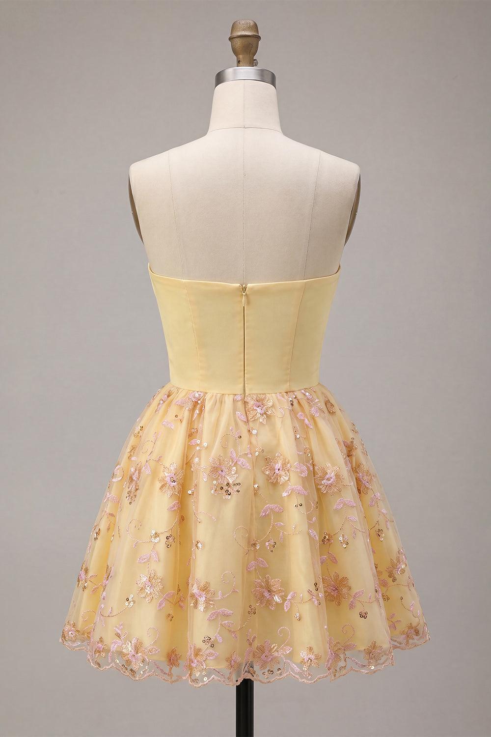 Suzhoufashion Floral Light Yellow A-Line Sequin Short Homecoming Dress
