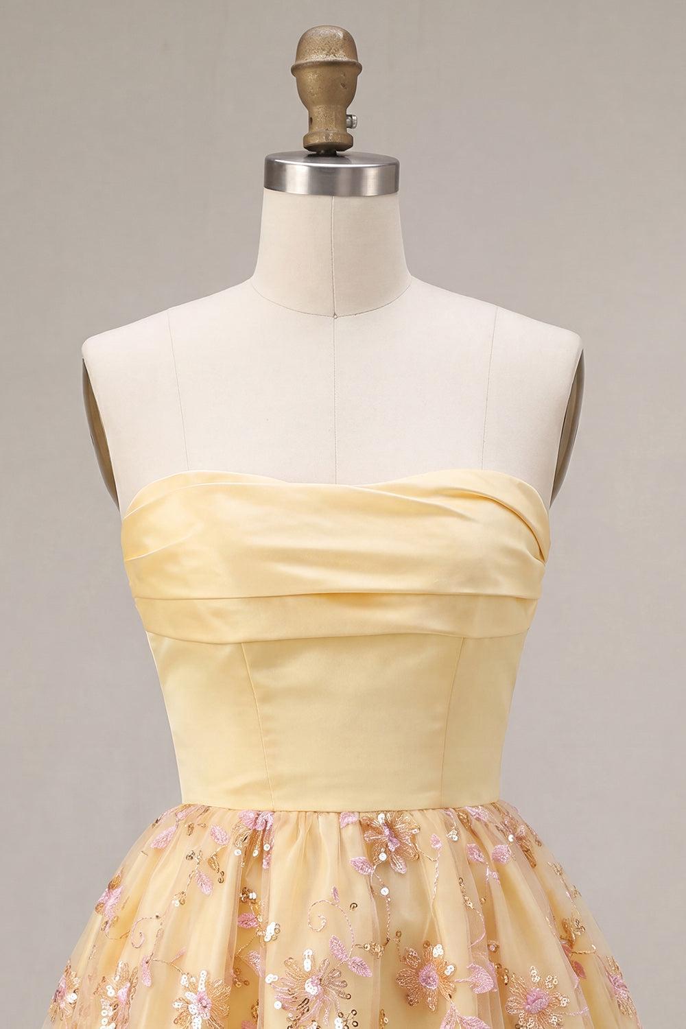 Suzhoufashion Floral Light Yellow A-Line Sequin Short Homecoming Dress