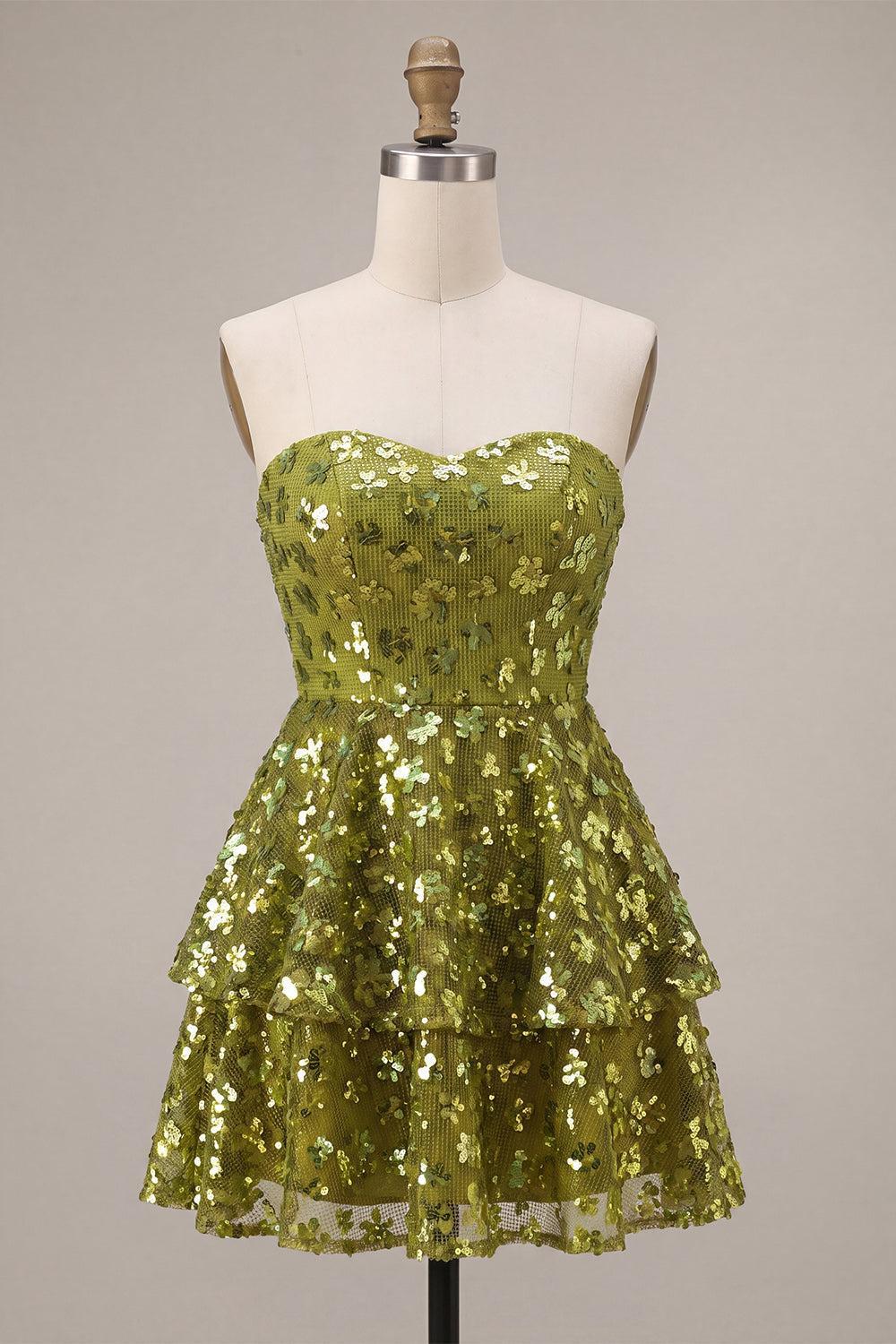 Suzhoufashion Floral Olive Sweetheart Sequin A Line Ruffled Short Homecoming Dress