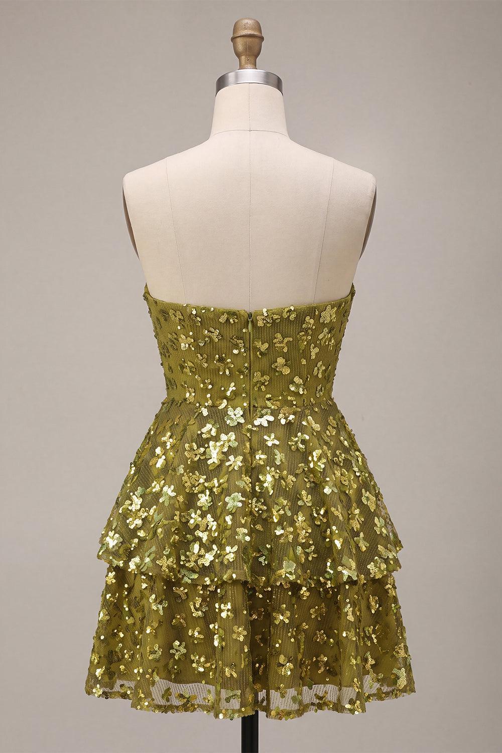 Suzhoufashion Floral Olive Sweetheart Sequin A Line Ruffled Short Homecoming Dress