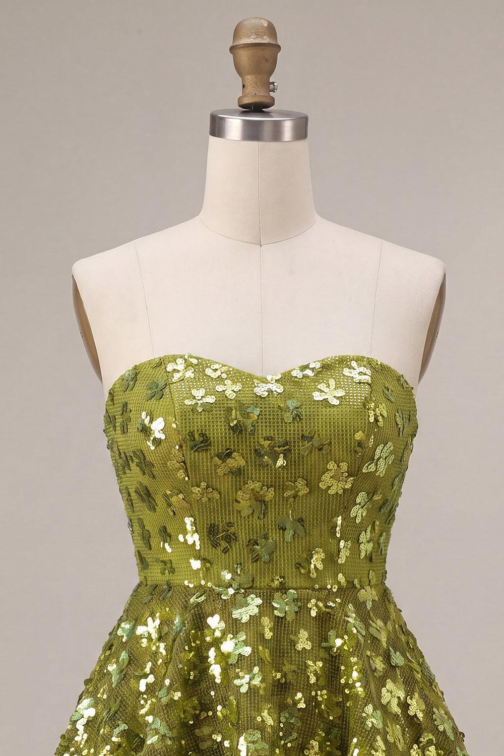 Suzhoufashion Floral Olive Sweetheart Sequin A Line Ruffled Short Homecoming Dress