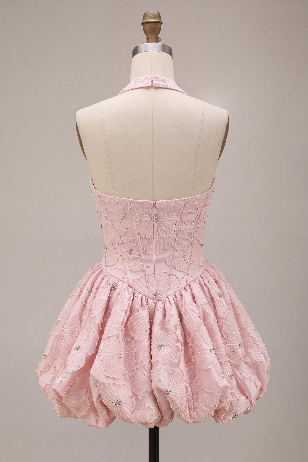 Suzhoufashion Floral Pink A-Line Beaded Short Corset Homecoming Dress