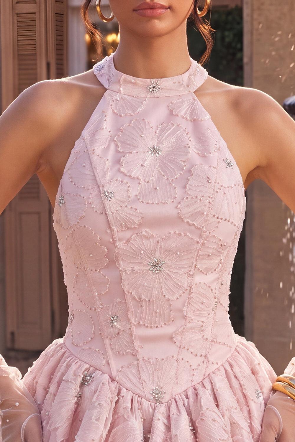 Suzhoufashion Floral Pink A-Line Beaded Short Corset Homecoming Dress
