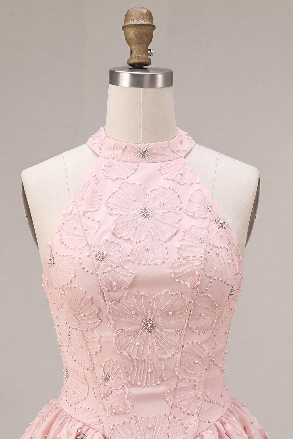 Suzhoufashion Floral Pink A-Line Beaded Short Corset Homecoming Dress