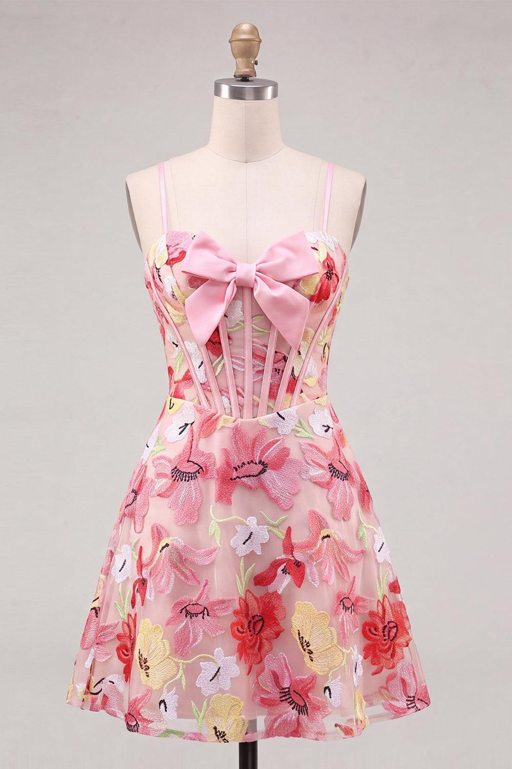 Suzhoufashion Floral Pink A Line Corset Short Homecoming Dress with Bow
