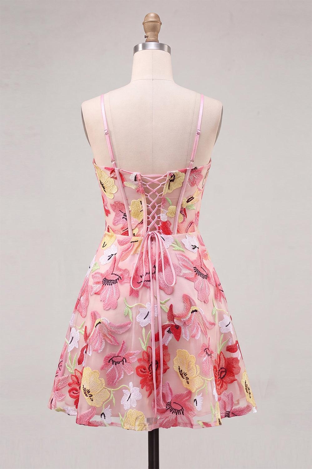 Suzhoufashion Floral Pink A Line Corset Short Homecoming Dress with Bow