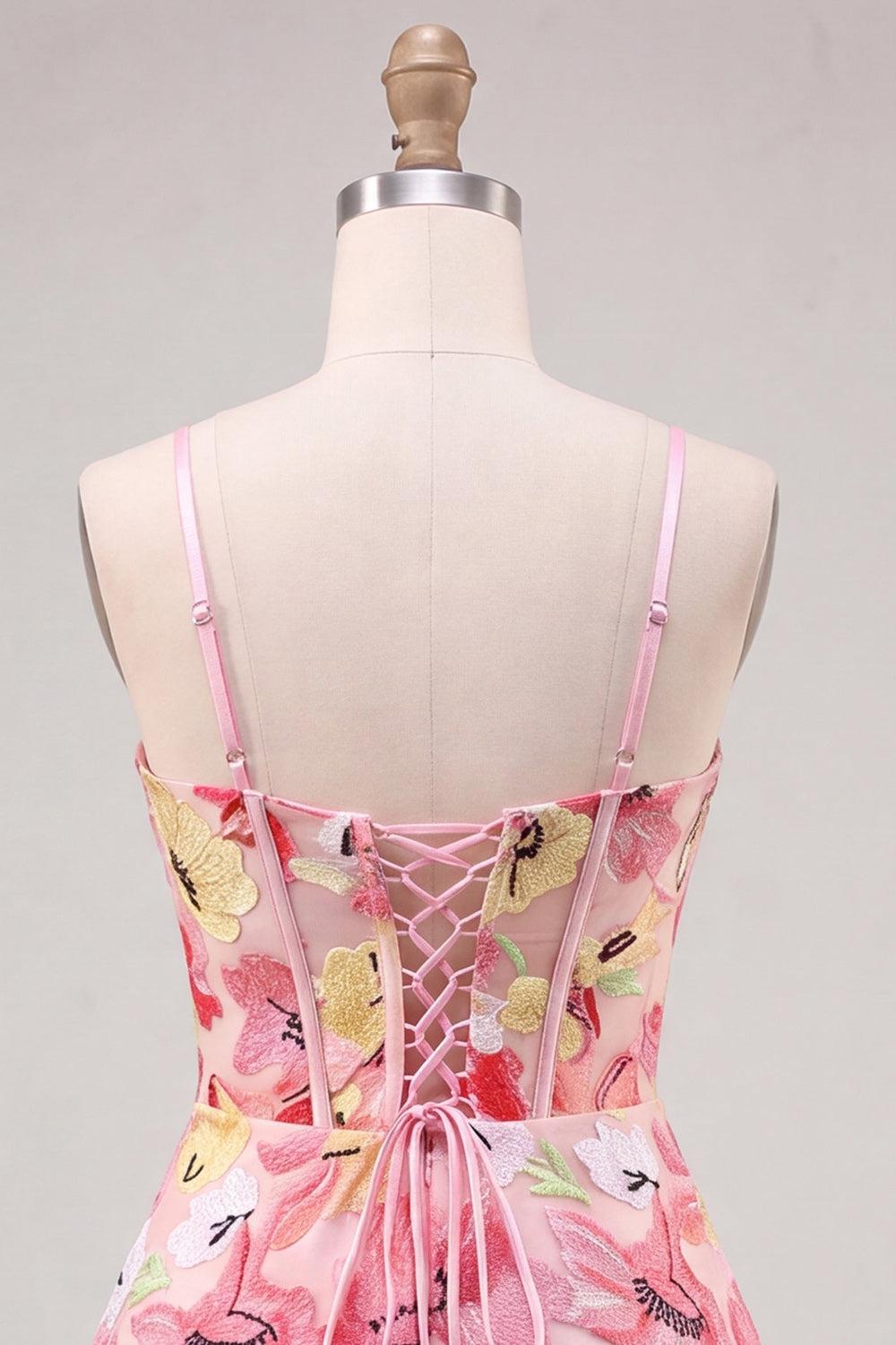 Suzhoufashion Floral Pink A Line Corset Short Homecoming Dress with Bow