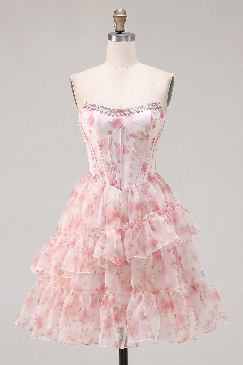 Suzhoufashion Floral Pink Beaded Short Corset Homecoming Dress with Ruffles