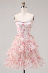 Suzhoufashion Floral Pink Beaded Short Corset Homecoming Dress with Ruffles