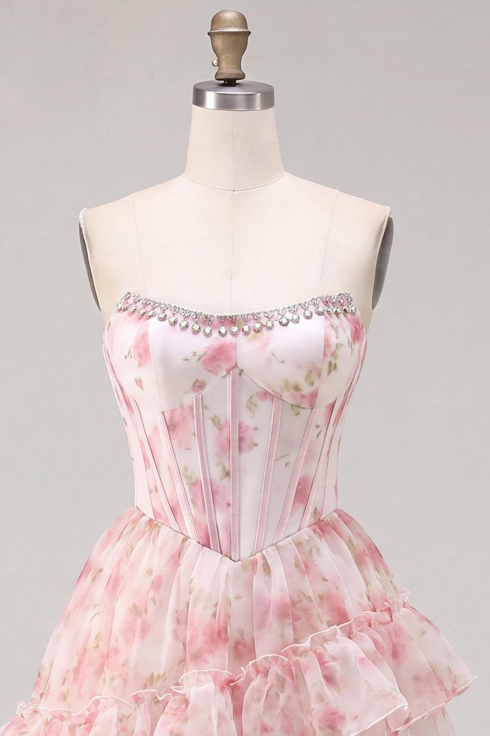 Suzhoufashion Floral Pink Beaded Short Corset Homecoming Dress with Ruffles