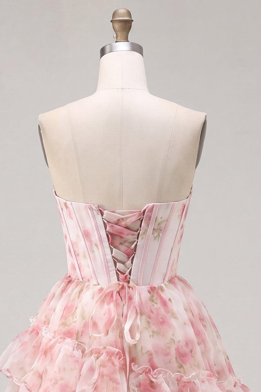 Suzhoufashion Floral Pink Beaded Short Corset Homecoming Dress with Ruffles