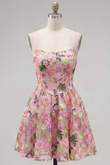 Suzhoufashion Floral Pink Spaghetti Strap A-Line Short Homecoming Dress with Pockets