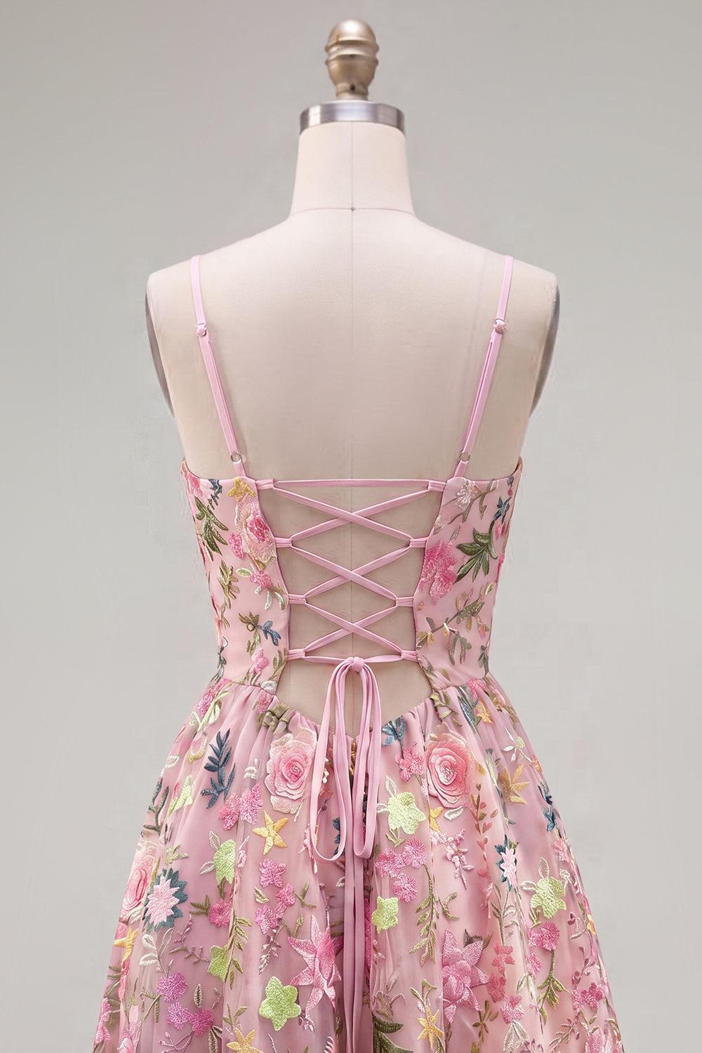 Suzhoufashion Floral Pink Spaghetti Strap A-Line Short Homecoming Dress with Pockets