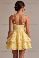 Suzhoufashion Floral Ruffled Light Yellow A Line Beaded Tiered Short Homecoming Dress