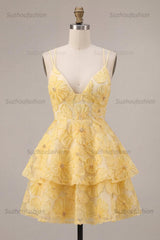 Suzhoufashion Floral Ruffled Light Yellow A Line Beaded Tiered Short Homecoming Dress