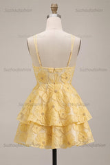 Suzhoufashion Floral Ruffled Light Yellow A Line Beaded Tiered Short Homecoming Dress