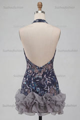 Suzhoufashion Floral Ruffled Navy Tight Halter Beaded Short Homecoming Dress