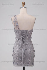 Suzhoufashion Floral Sequins Grey One Shoulder Tight Short Homecoming Dress