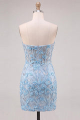 Suzhoufashion Floral Sky Blue Lace Tight Corset Short Homecoming Dress with Slit