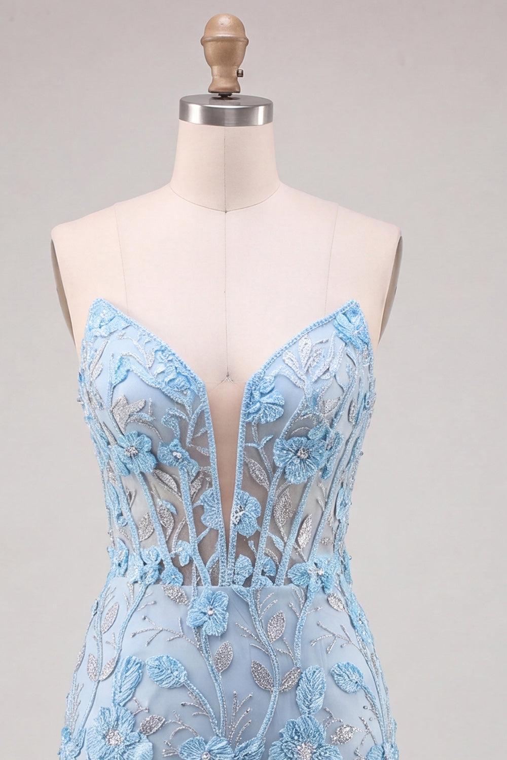 Suzhoufashion Floral Sky Blue Lace Tight Corset Short Homecoming Dress with Slit