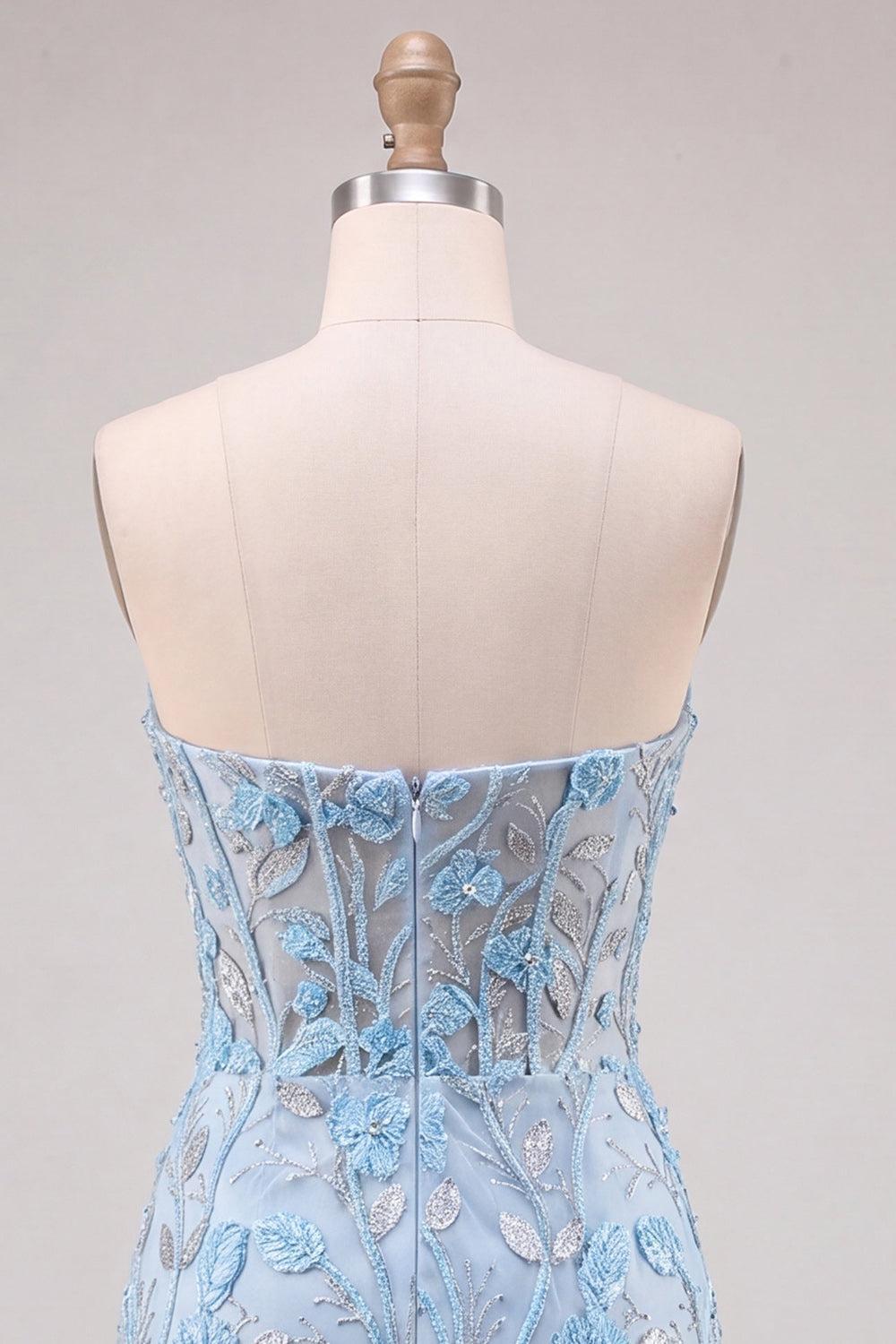 Suzhoufashion Floral Sky Blue Lace Tight Corset Short Homecoming Dress with Slit