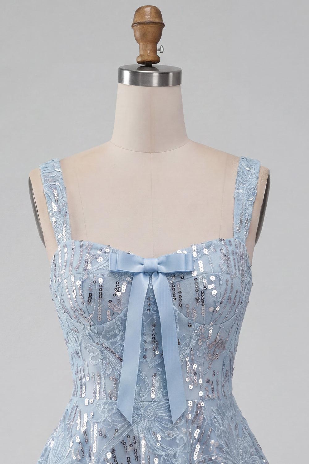 Suzhoufashion Floral Sky Blue Sequin A-Line Short Homecoming Dress with Bow