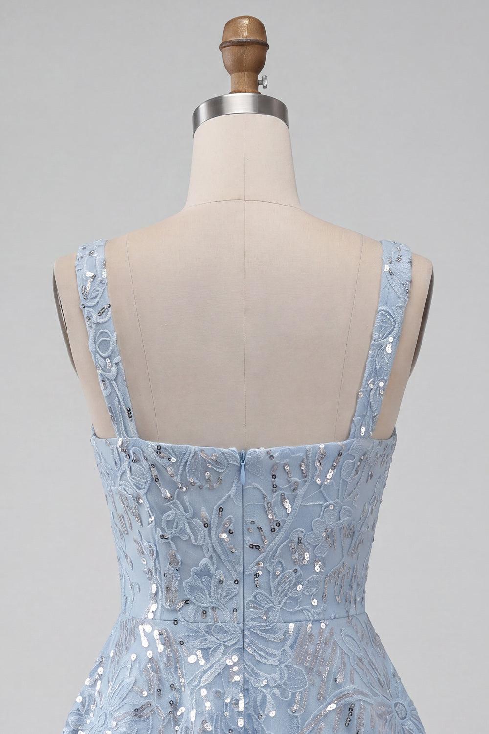 Suzhoufashion Floral Sky Blue Sequin A-Line Short Homecoming Dress with Bow