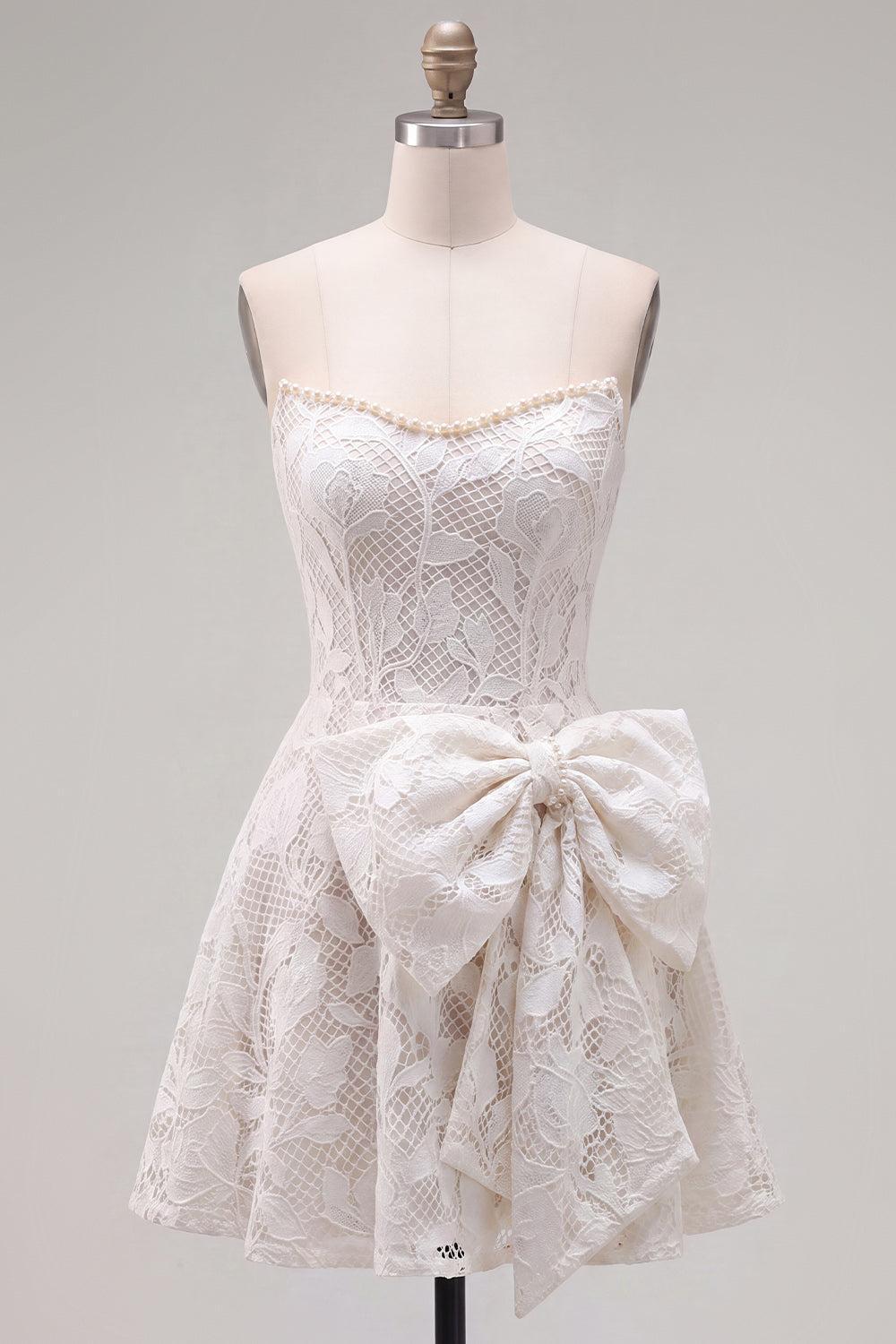 Suzhoufashion Floral White Lace A-Line Strapless Short Homecoming Dress with Bow