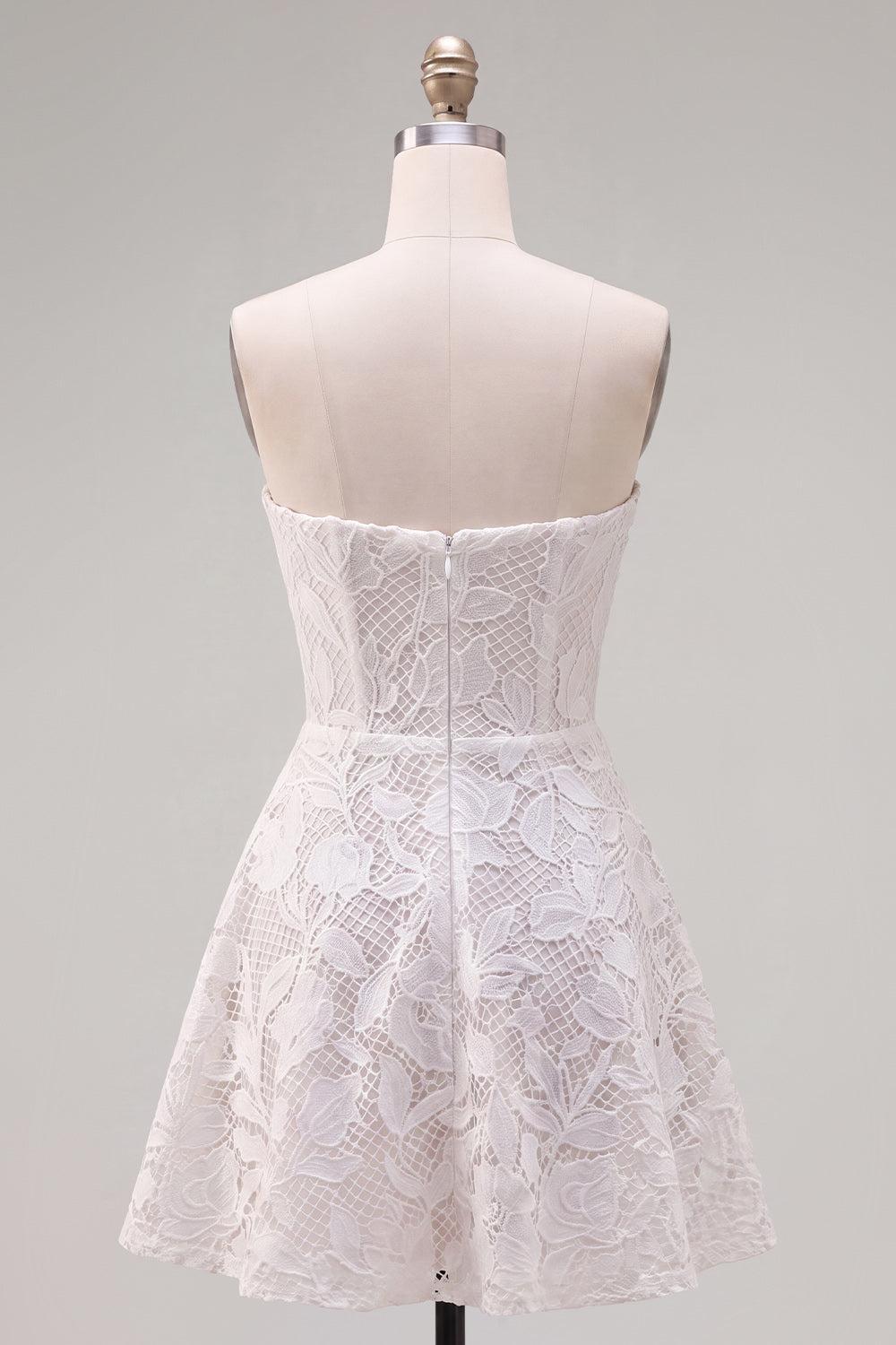 Suzhoufashion Floral White Lace A-Line Strapless Short Homecoming Dress with Bow