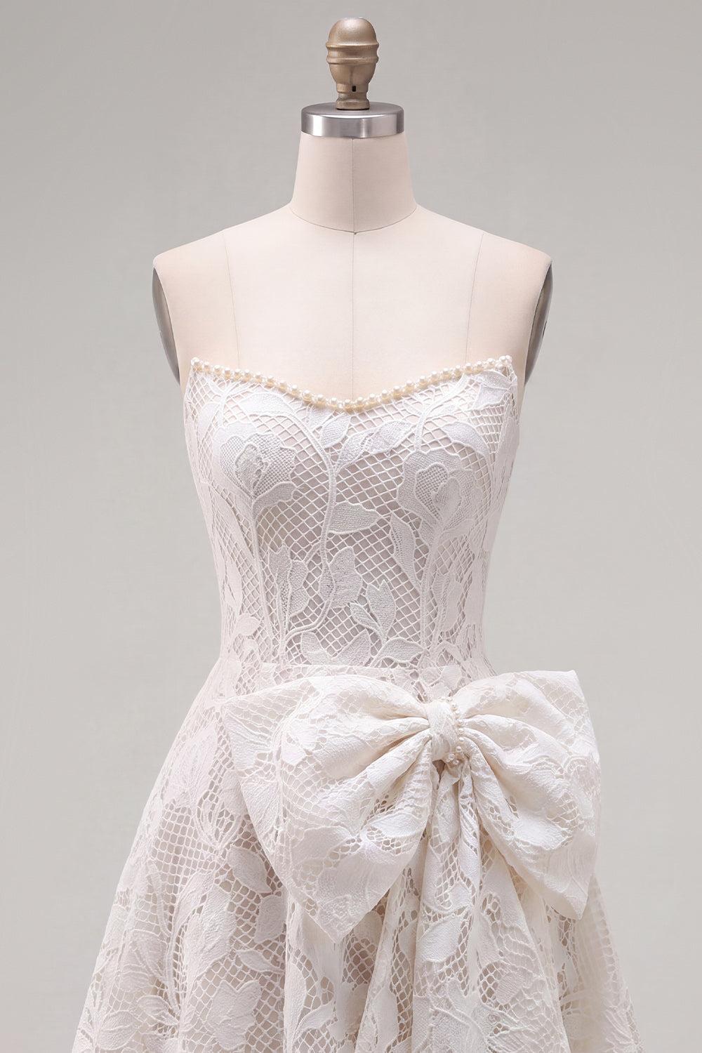 Suzhoufashion Floral White Lace A-Line Strapless Short Homecoming Dress with Bow