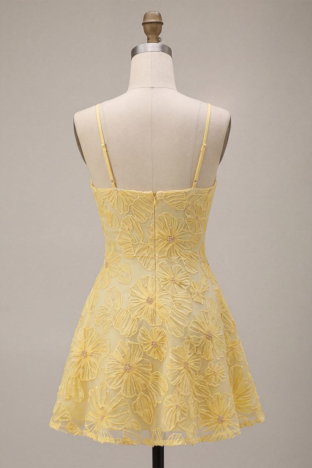 Suzhoufashion Floral Yellow A-Line Beaded Short Homecoming Dress