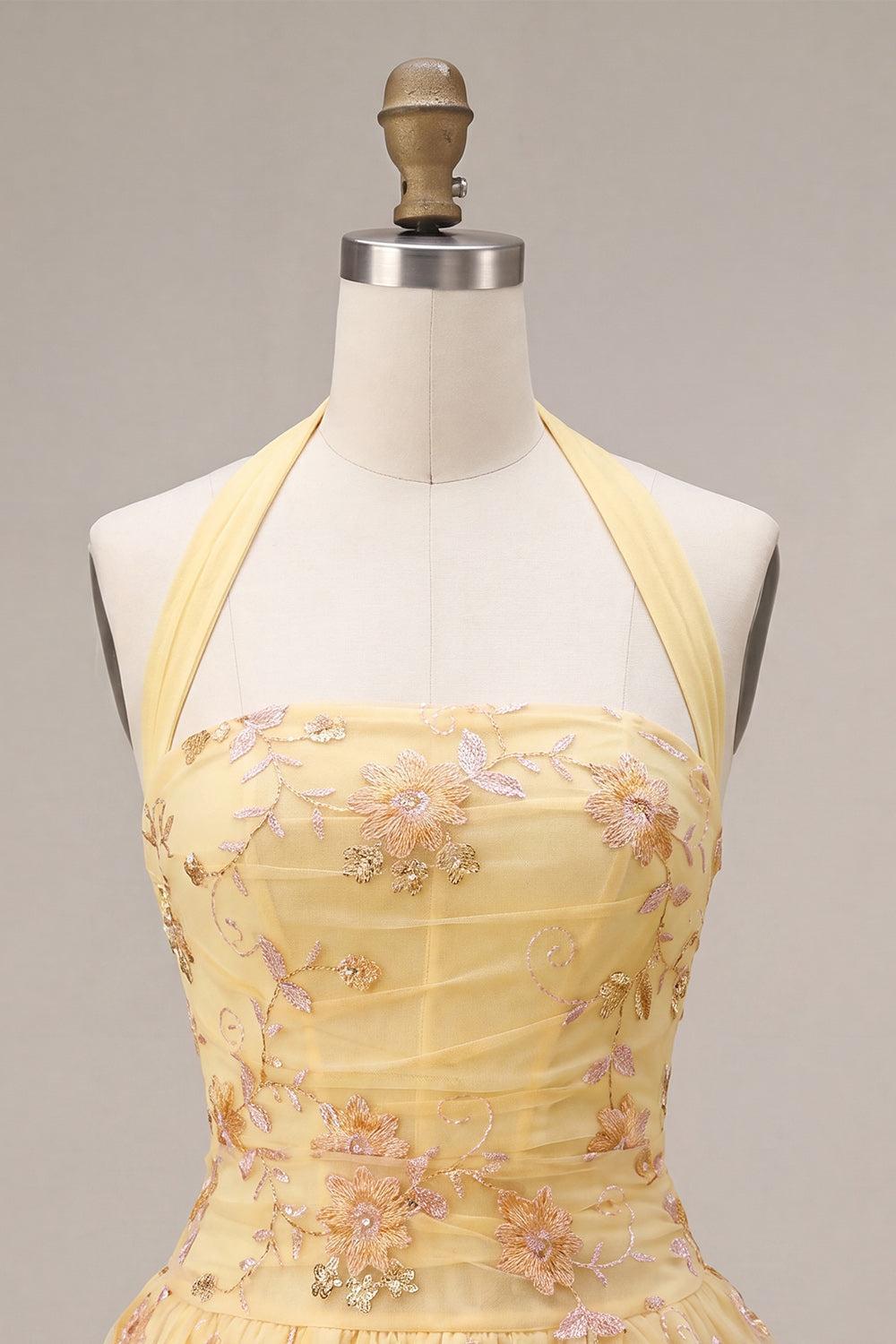 Suzhoufashion Floral Yellow A-Line Halter Short Corset Homecoming Dress