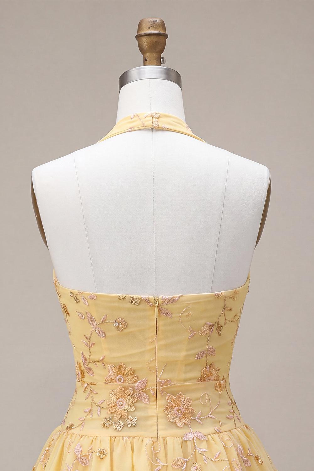 Suzhoufashion Floral Yellow A-Line Halter Short Corset Homecoming Dress