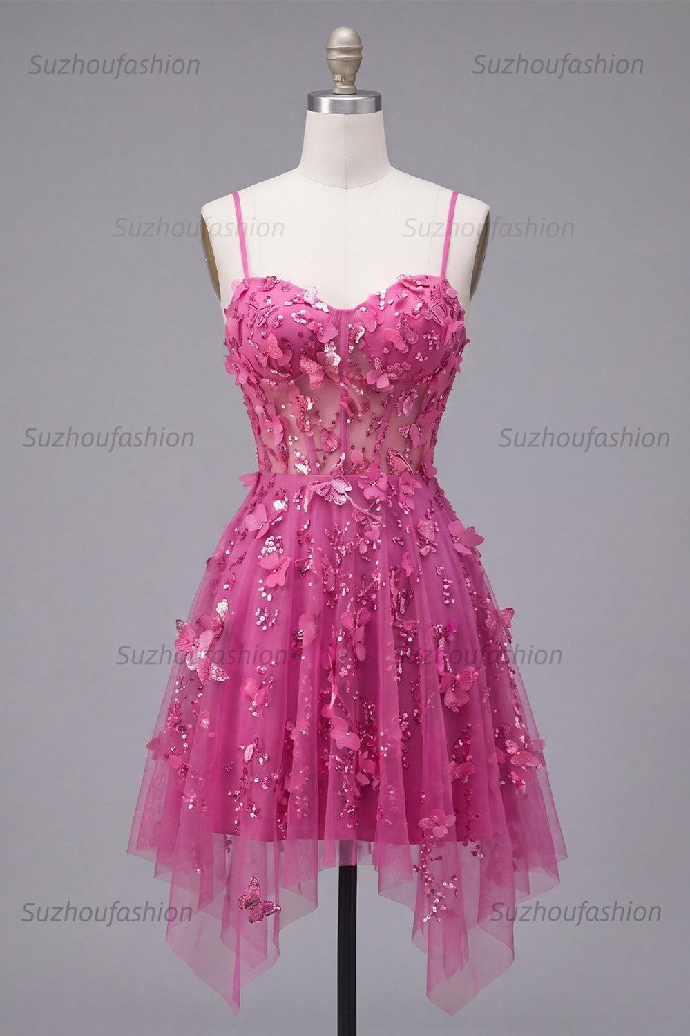 Suzhoufashion Fuchsia Floral Beaded A-Line Corset Short Homecoming Dress