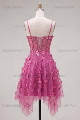 Suzhoufashion Fuchsia Floral Beaded A-Line Corset Short Homecoming Dress