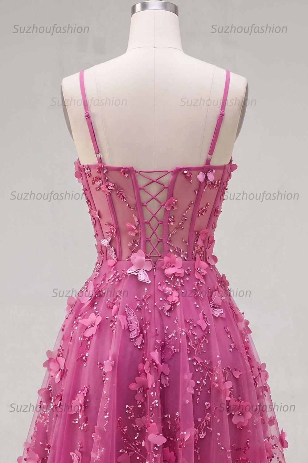 Suzhoufashion Fuchsia Floral Beaded A-Line Corset Short Homecoming Dress